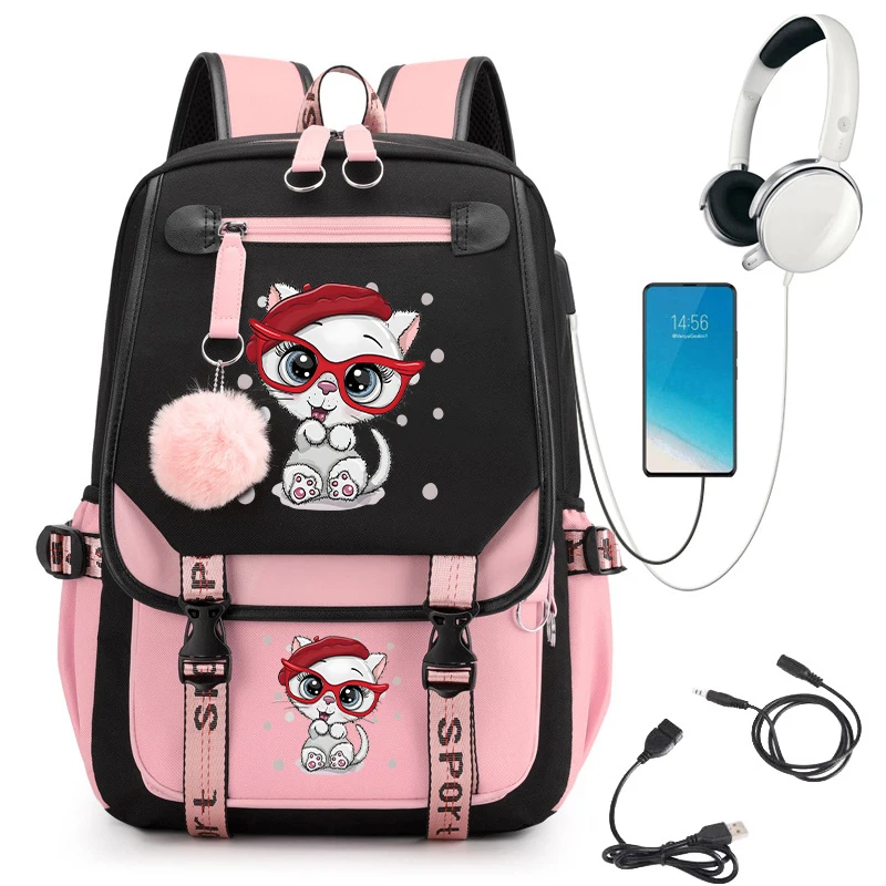 Leuke Schooltas Voor Studenten Waterdichte Rugzak Meisjes Cartoon Kitten Print Anime Reizen Bagpacks Usb Boekentas Mochila