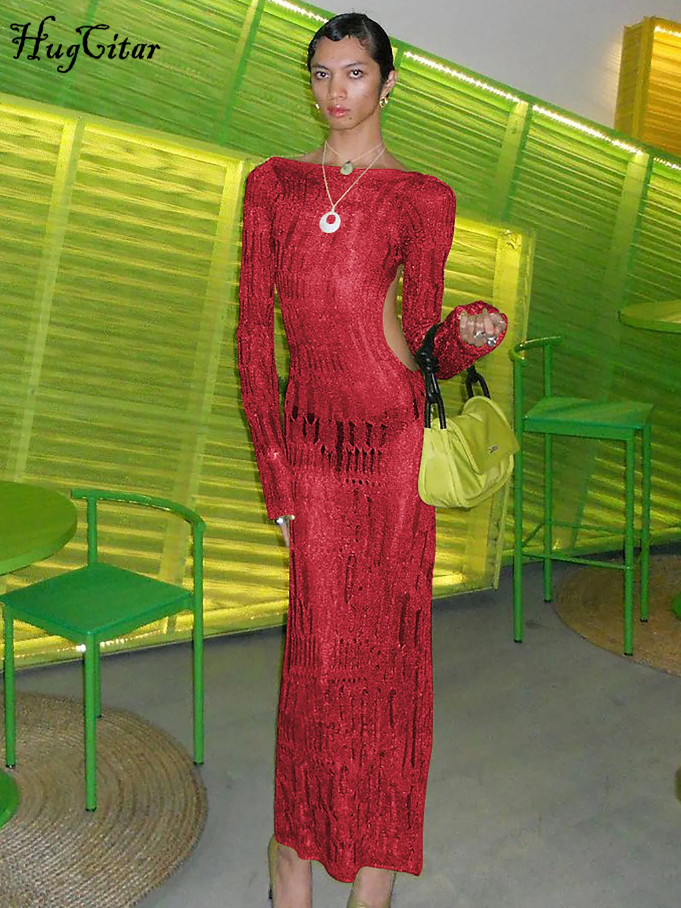 Hugcitar 2025 Dzianinowa sukienka z długim rękawem i wycięciem na plecach Sexy See Through Maxi Dress Wiosna Lato Kobiety Y2K Odzież Streetwear Party