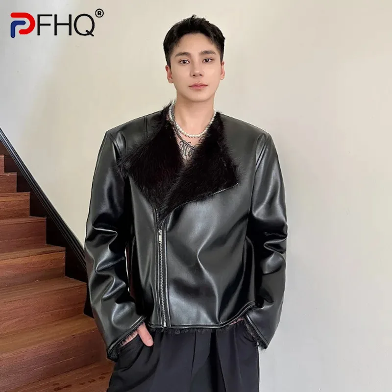 PFHQ Men's Jackets Pu Leather High Street Fur Collarless Thickened Coats Solid Color Zipper Male Clothing New Autumn Tide 9C7980