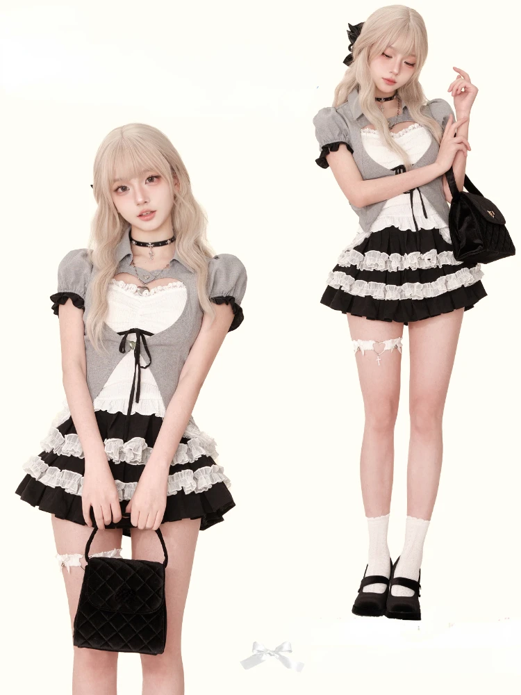 2024 Summer Japanese Sweet Slim 3 Piece Set Women Causal Y2k Cardigan + Kawaii Cute Vest +  Elegant Lace Mini Cake Skirt New