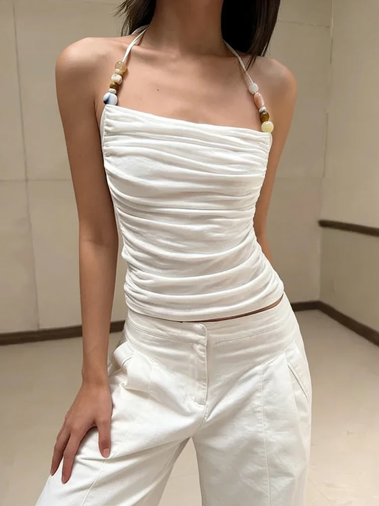 Beads Decoration Tank Tops Woman Summer Trend Halter Backless Ruched Shape Waist High Street Casual Fashion Style Vests