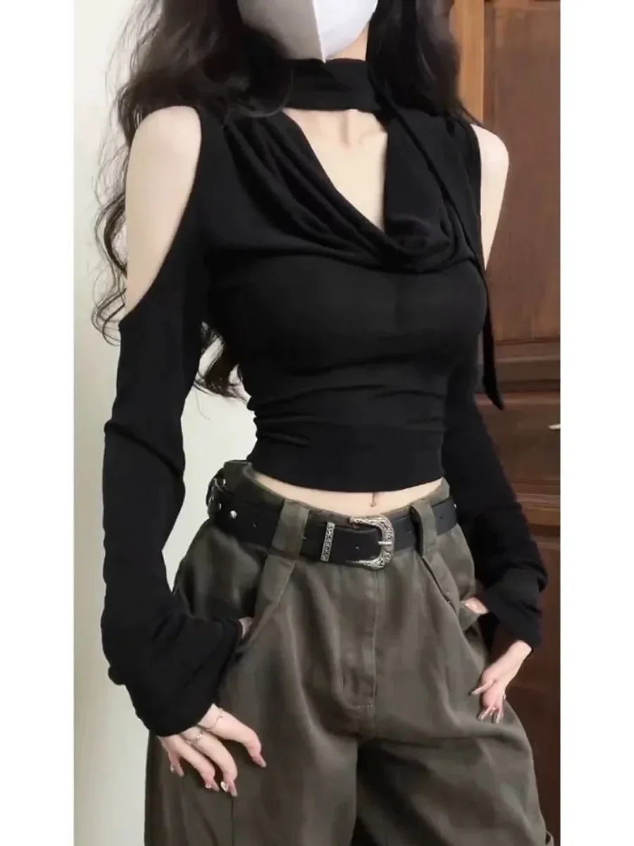 Dolce sexy con scollo a V con spalle scoperte Top Mujer 2025 Estate New Black T-shit per le donne Y2k E-gir Slim Fit maglietta a maniche lunghe