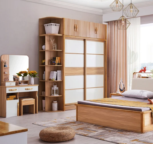 Nordic bedroom solid wood wardrobe, modern and minimalist, economical household sliding door wardrobe