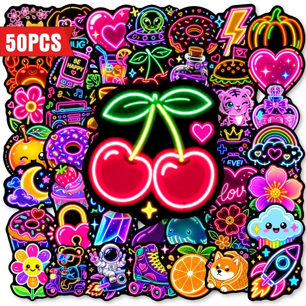 Neon Glow Lamp Pattern Sticker Pack 50 Sheets, Vibrant Cartoon Waterproof Stickers for Scrapbook RecordingYourLife Store