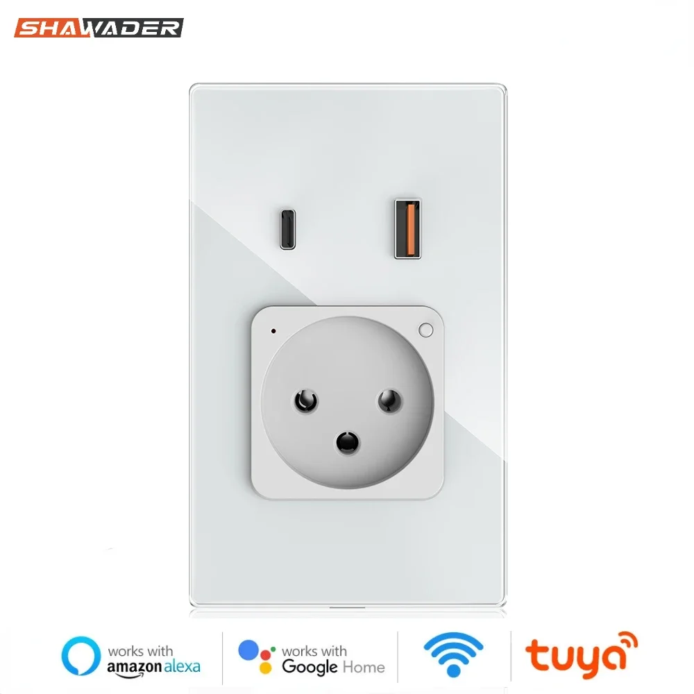 Shawader Israel Smart Wall Socket USB Plug Outlet Type-C PD 20W Fast Charge Glass Panel App Remote Control by Alexa Google Home