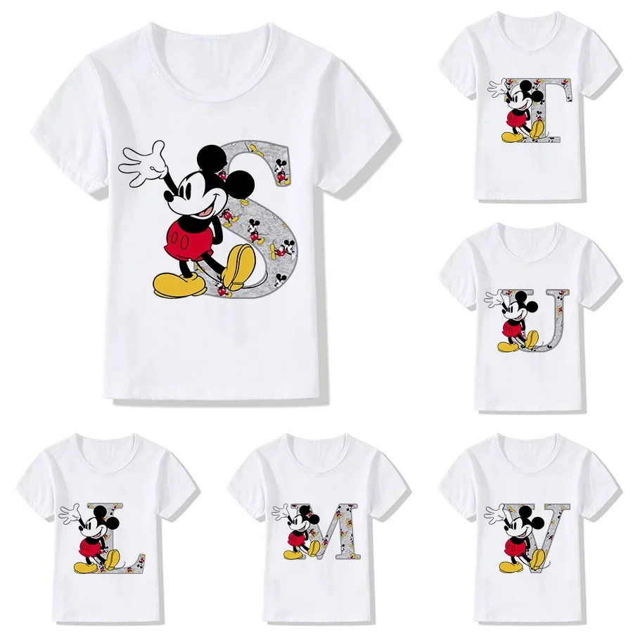 Mickey Mouse Kinder T-Shirt Buchstaben Name Kombination T-Shirts Disney Cartoon Kawaii Kind Freizeit kleidung Mädchen Junge Mode Top