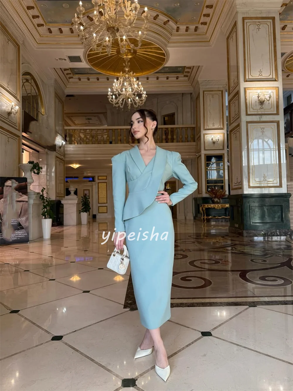 Индивидуальные современные стильные элегантные трикотажные платья с рюшами и драпировкой, прямые платья до щиколотки с v-образным вырезом, платья на заказ, модные ретро-платья