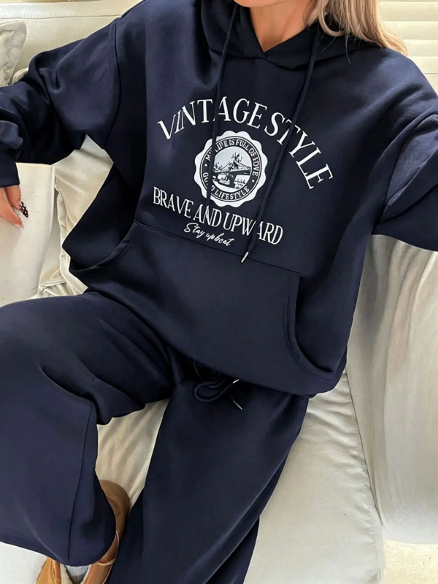 Women's Casual Letter Print Hooded Sweatshirt Set Long Sleeve Drawstring Hoodie Wide Leg Pants 2-Piece Tracksuit Outfit view 3