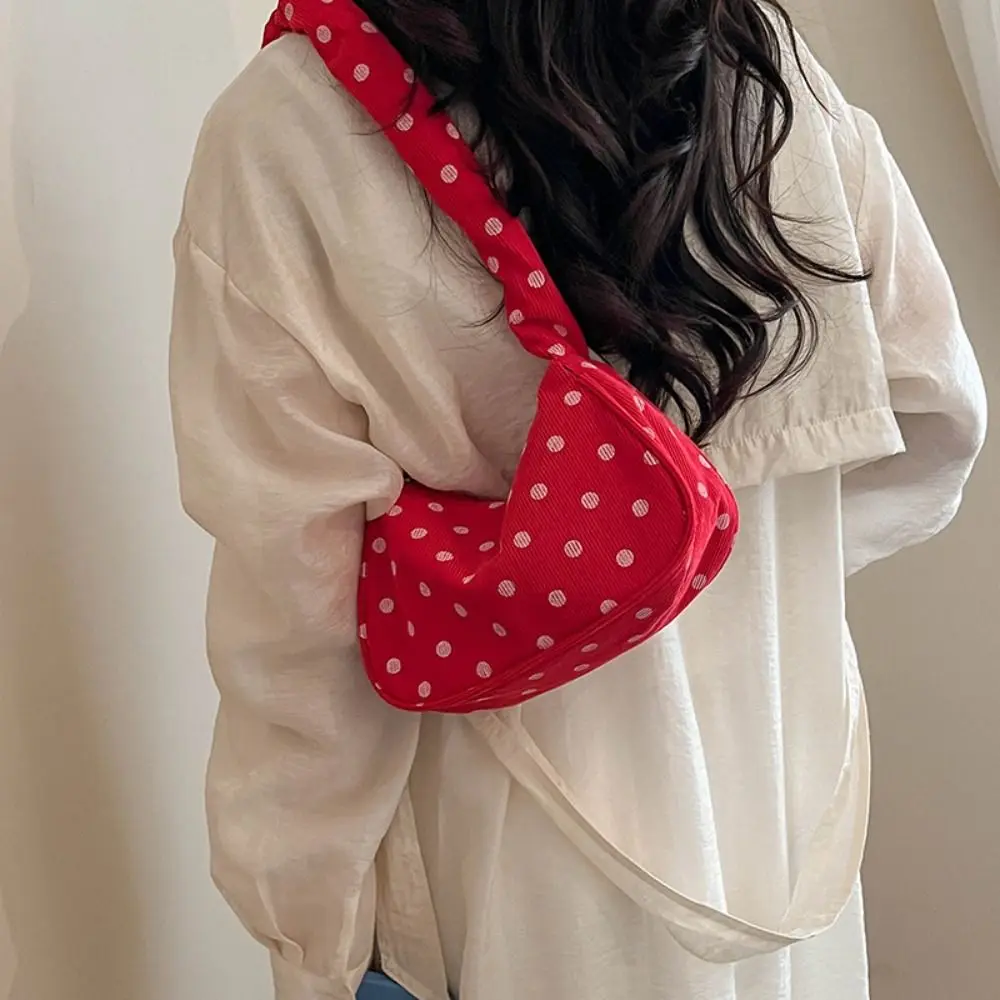 Stylish Ruched Strap Polka Dot Shoulder Bag Cloth Pleated Printed Handbag Tote Elegant Canvas Underarm Bag Office