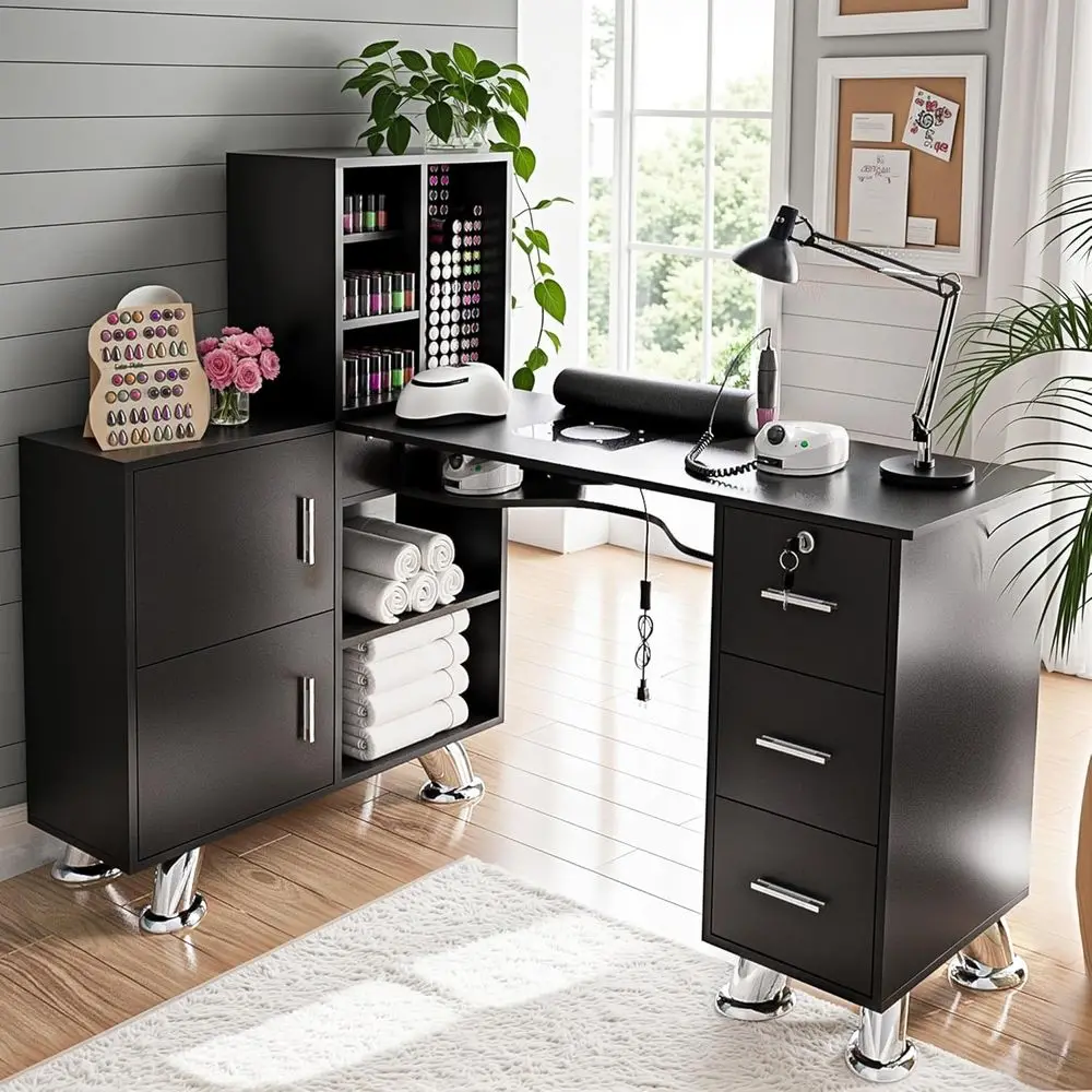 

L-Shaped Nail Technician Station with Dust Collector, Storage, and Metal Handles - Black Beauty Workstation
