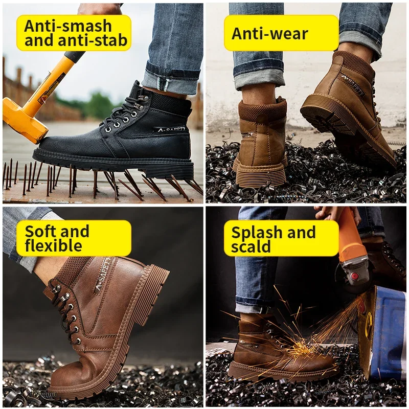 Mens Work Boots 2021 Fashion Outdoor Leather Steel Toe Indestructible Shoes Men Anti Slip Puncture Proof Safety Shoes Boot Man