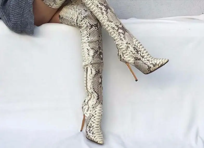 مثير الأفعى طباعة امرأة الشتاء فوق الركبة رقيقة عالية الكعب أشار تو الجانب سستة أحذية طويلة