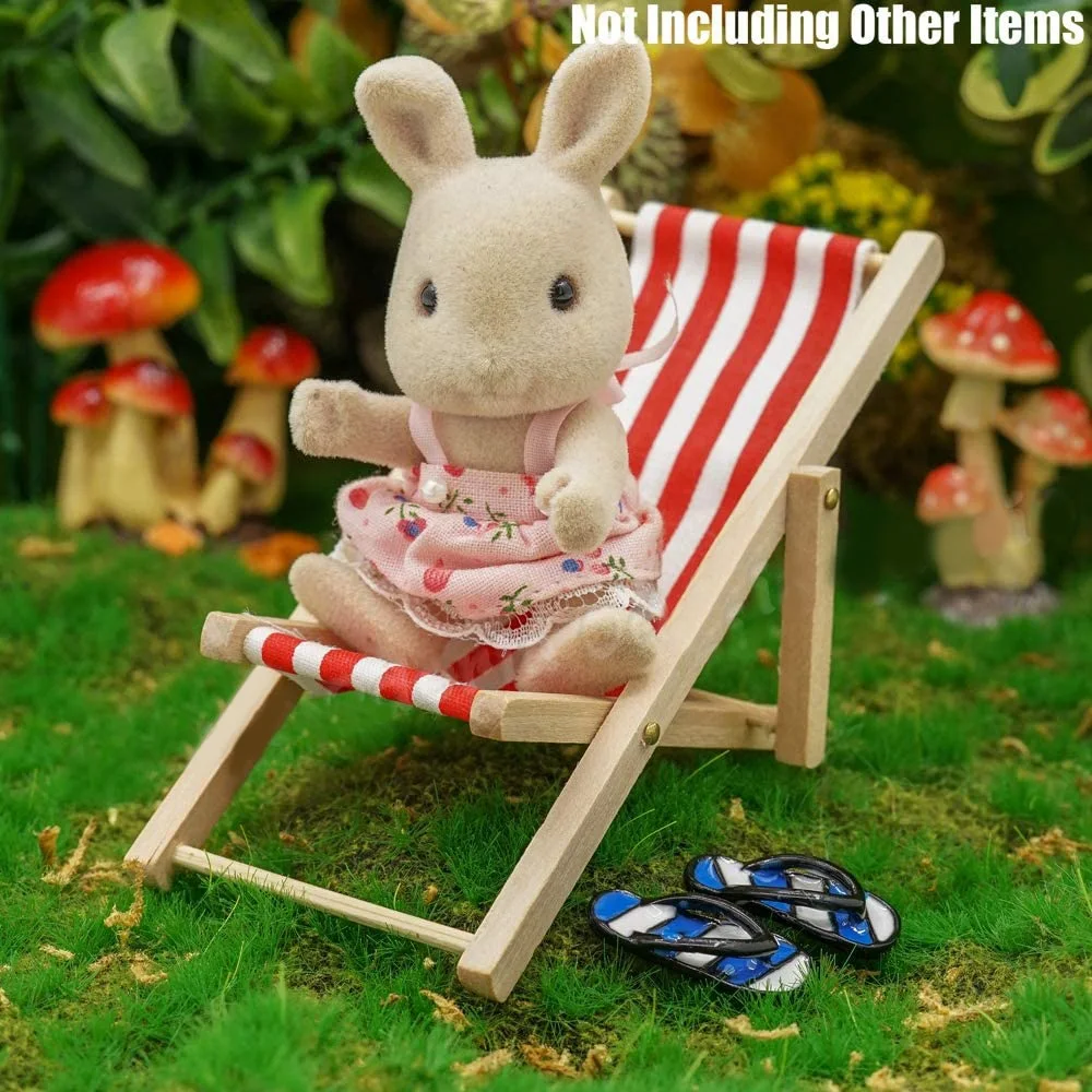 FBIL-3Pcs 1:12 Miniature Foldable Wooden Beach Chair Mini Deck Chair Longue Deck Chair With Stripe Dollhouse Accessories