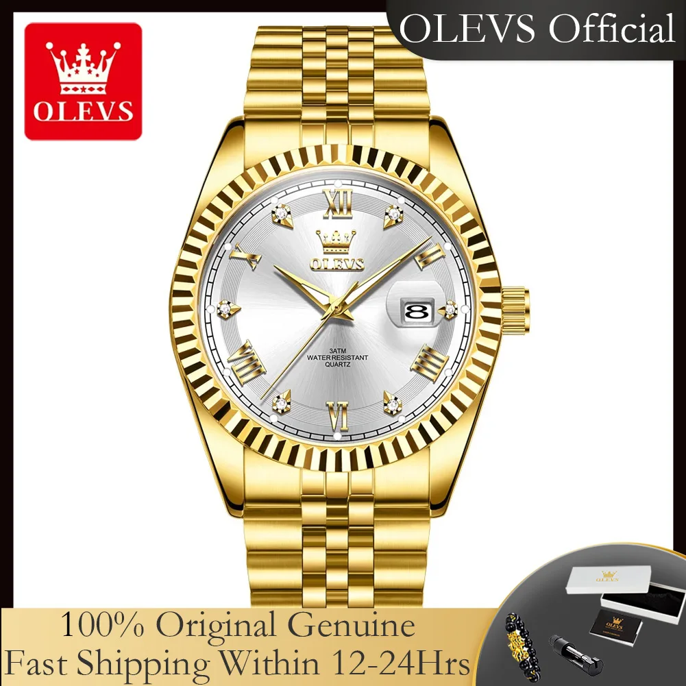 

Мужские часы OLEVS 5680 золотого цвета, с ремешком из цельной стали, роскошные, топ-бренд, оригинальные, кварцевые, с автоматической датой, водонепроницаемые, новые.