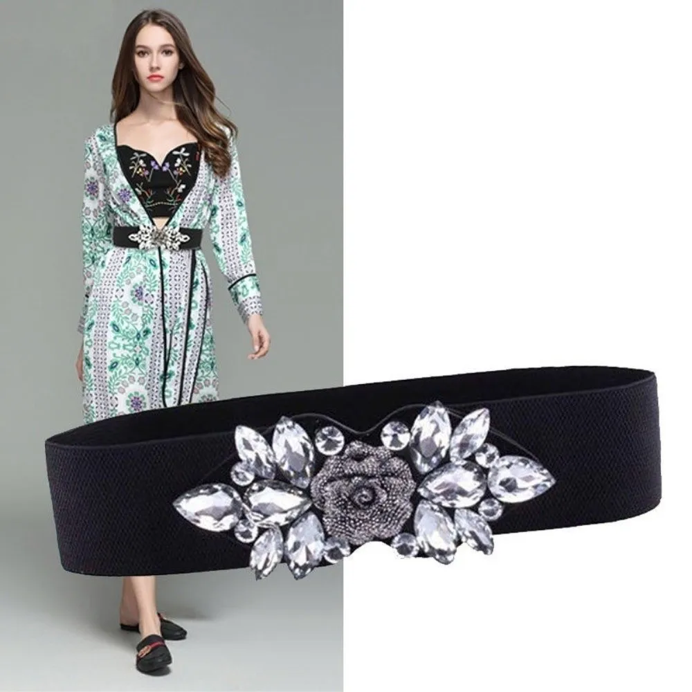 Faja elástica con flores rosas para mujer, cinturón ancho con correa, estilo coreano, cinturón negro con diamantes de imitación
