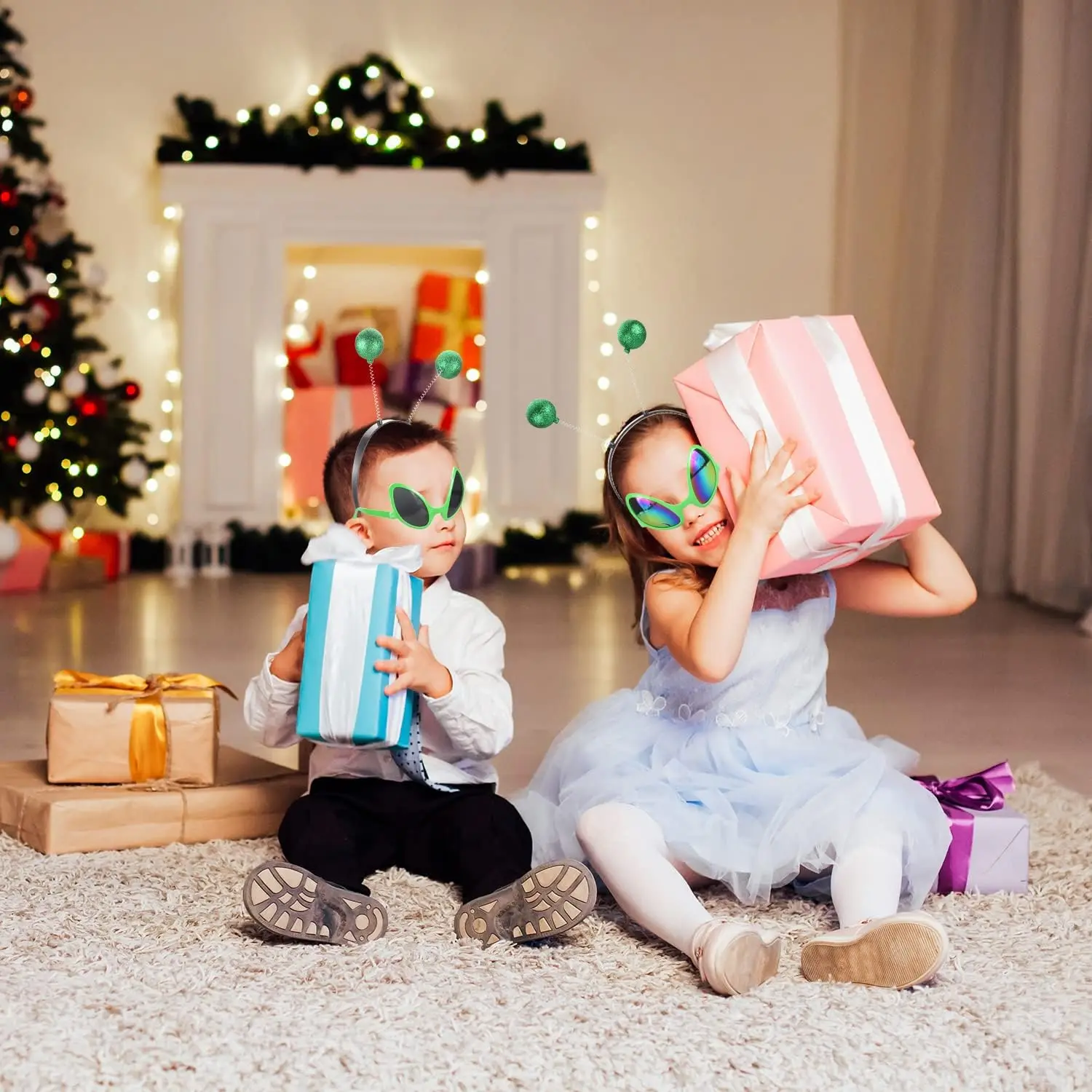  4 Pieces Alien Costume Accessories 2 Pieces Alien Glasses with 2 Pieces Martian Antenna Headband Boppers for Alien Party