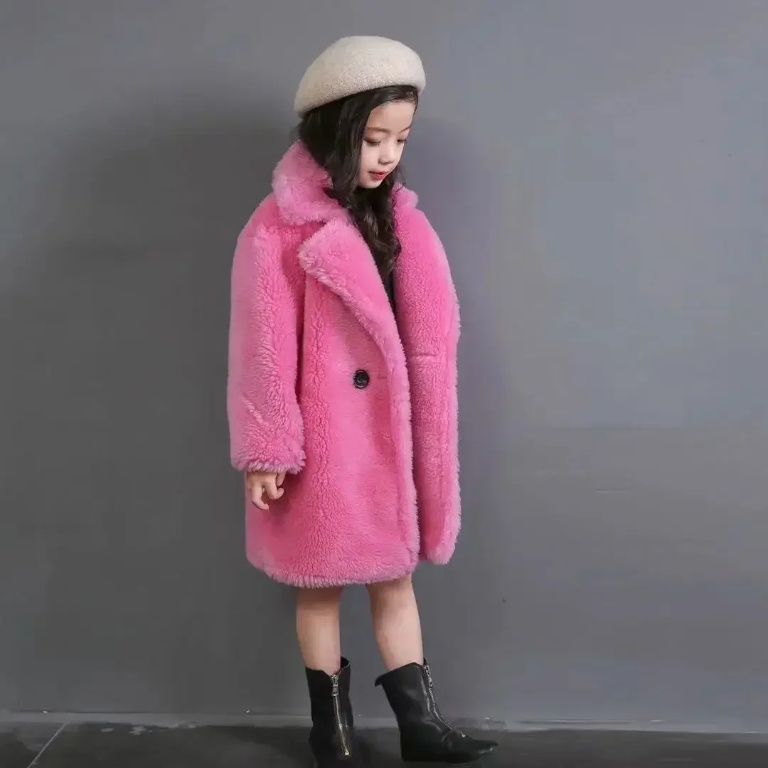 

2023 New Winter Clothes for Girls Trench Coat Shorn Sheepskin Solid Color Long Overcoat Unisex Thicken Fur Turn Down Coolar