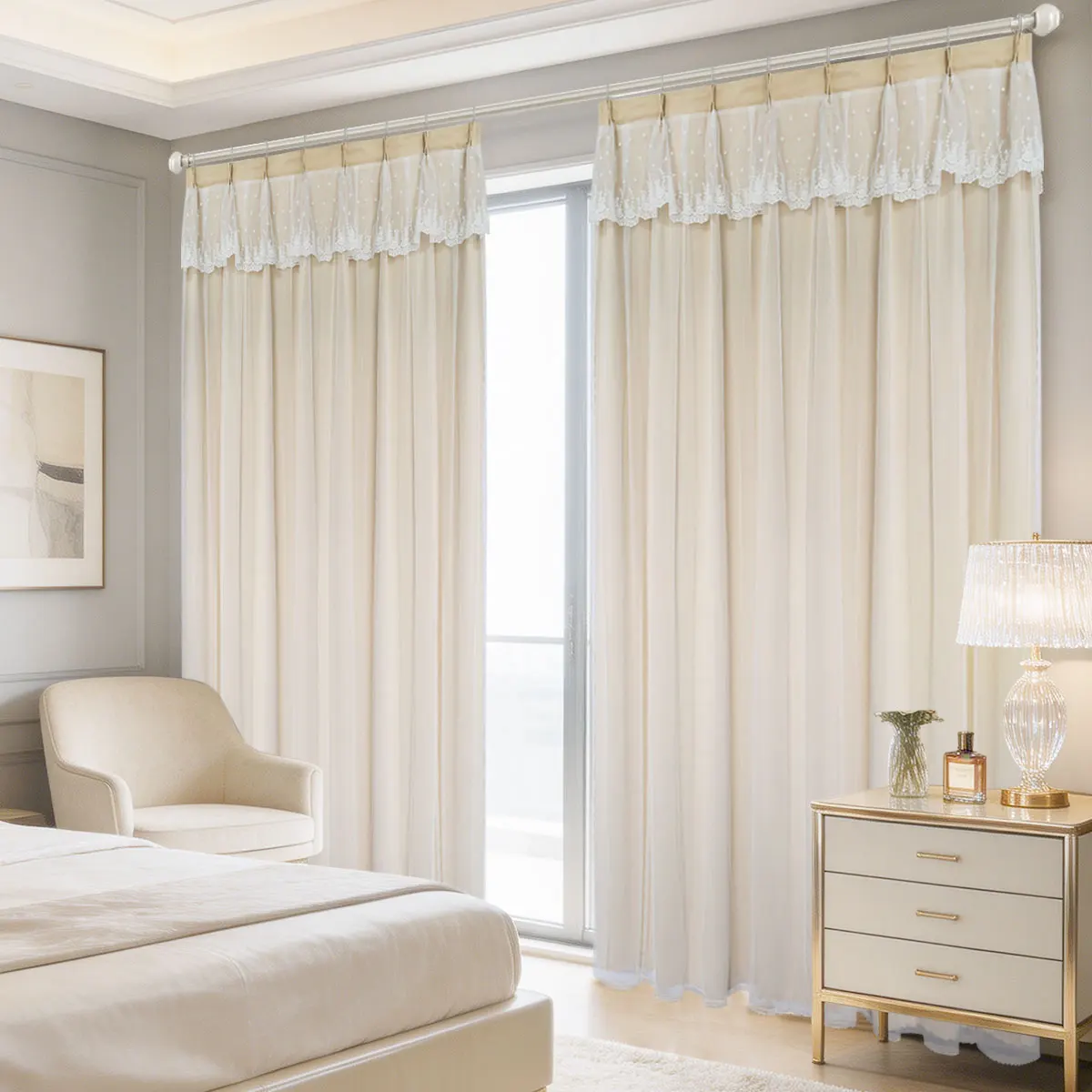 Beige Double Layer Lace High Shading Curtains, Korean Style Dot Valance Window Drapes for Bedroom Living Room