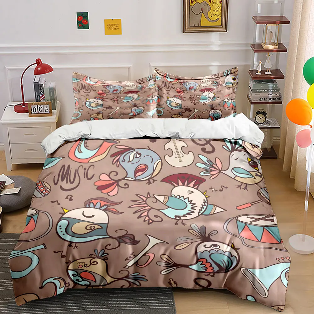 Cartoon musical birds with instruments Print Bedding Set 1Duvet Cover 2Pillowcases for Adult and Children Luxury Gift Full Size