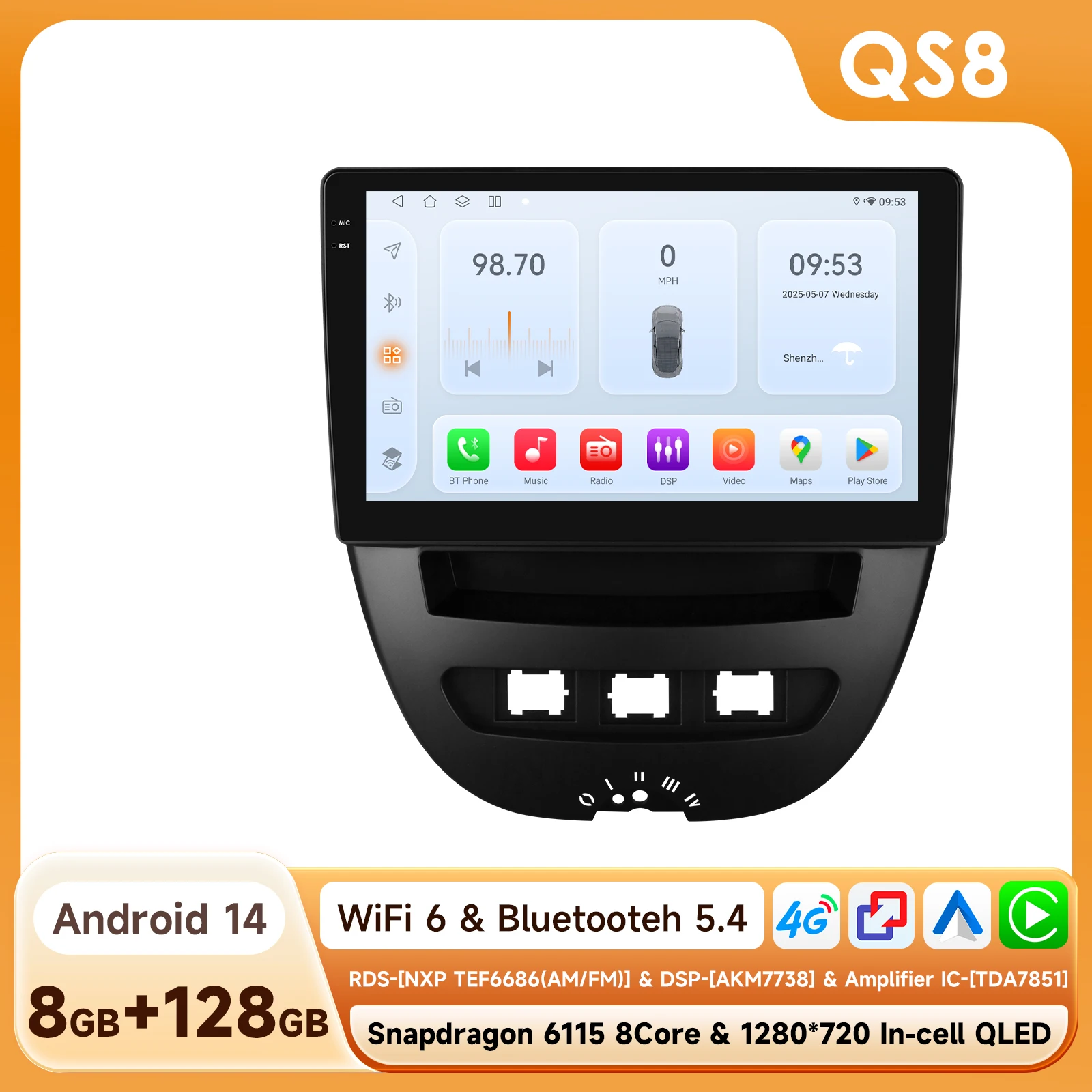 OSSURET Android Autoradio Speler voor Peugeot 107 Toyota Aygo Citroen C1 Auto Multimedia Draadloze Carplay Audio door Snapdragon 6115
