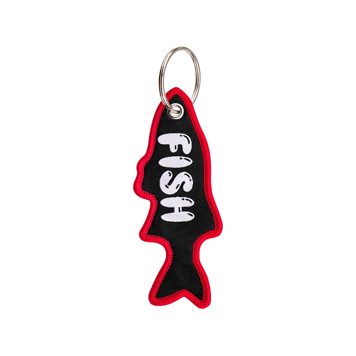Fish Keychain NO FISH Letter Embroidered Key Tag Cool Black Red Fish Shape Keyring Accessories for Bag Backpack Decoration Gift