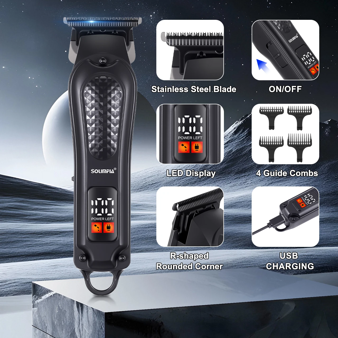 Solimpia Electric Hair Trimmer Professional Adjustable Four Levels Razor Head Intelligent Digital Display Salon Haircut Machine