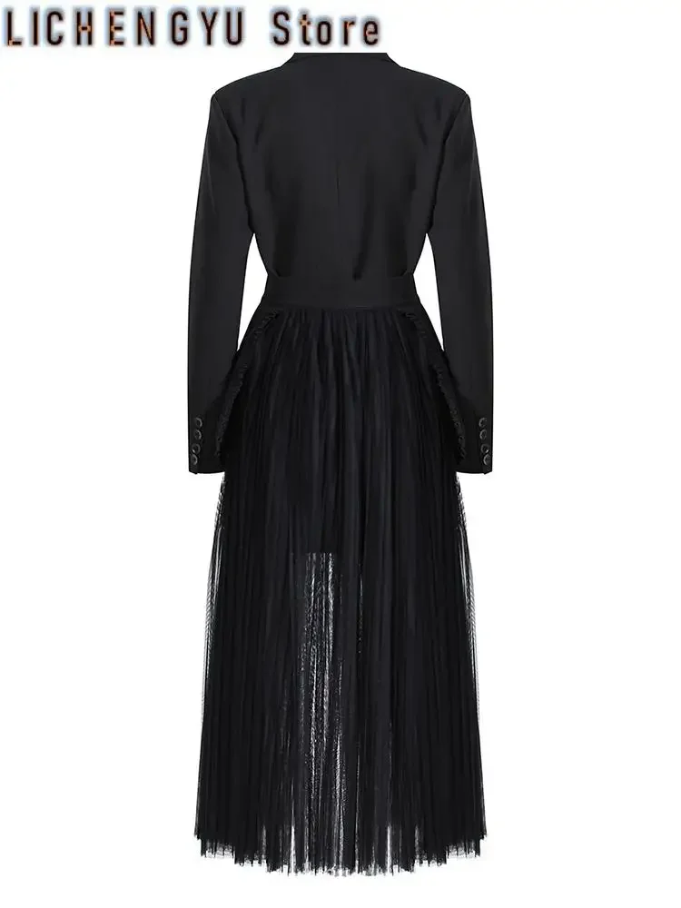 Half-body Skirt Pleated Mesh Two Pieces Suit New Lapel Long Sleeve Black Loose Women Fashion Spring Autumn