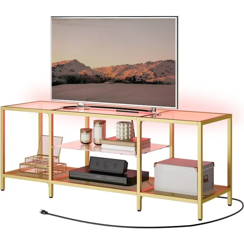 

TV Stand with LED Lights and Power Outlets for TVs up to 65 Modern 55 Inch Tempered Glass TV Console Table
