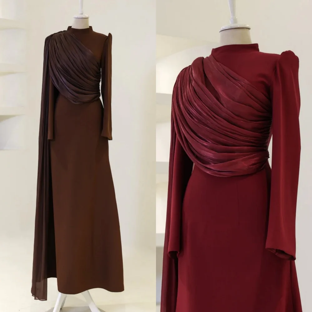 Aangepaste mode bijpassende jersey plooi ruches gedrapeerde a-lijn hoge kraag lange jurken avondjurken hoge kwaliteit moderne stijl