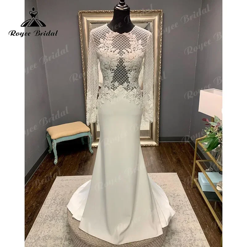 Sexy Long Sleeve Lace Appliques Beading Open Back Mermaid/Trumpet Wedding Dress with Button Bridal Receiption Dinner Party Dress