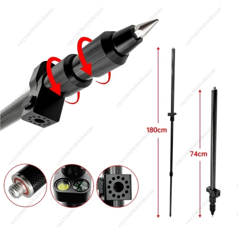 3-Section Telescopic Surveying Centering Rod 74-180cm Carbon Fiber & Aluminum RTK GPS Prism Pole with 5/8x11 Thread