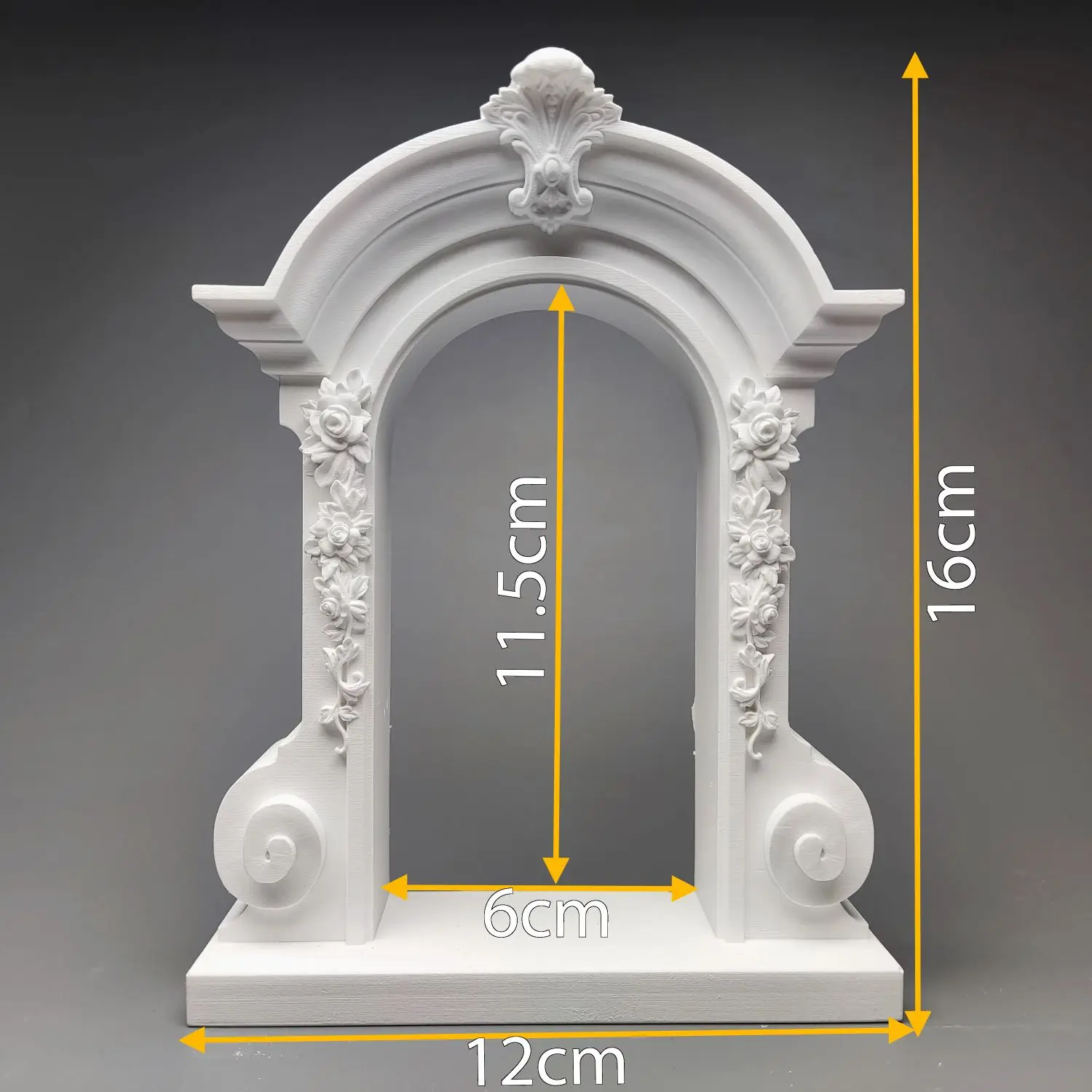 Rococo style floral archway decorations, architectural structures, plaster statues, art sketches, and sculptures.