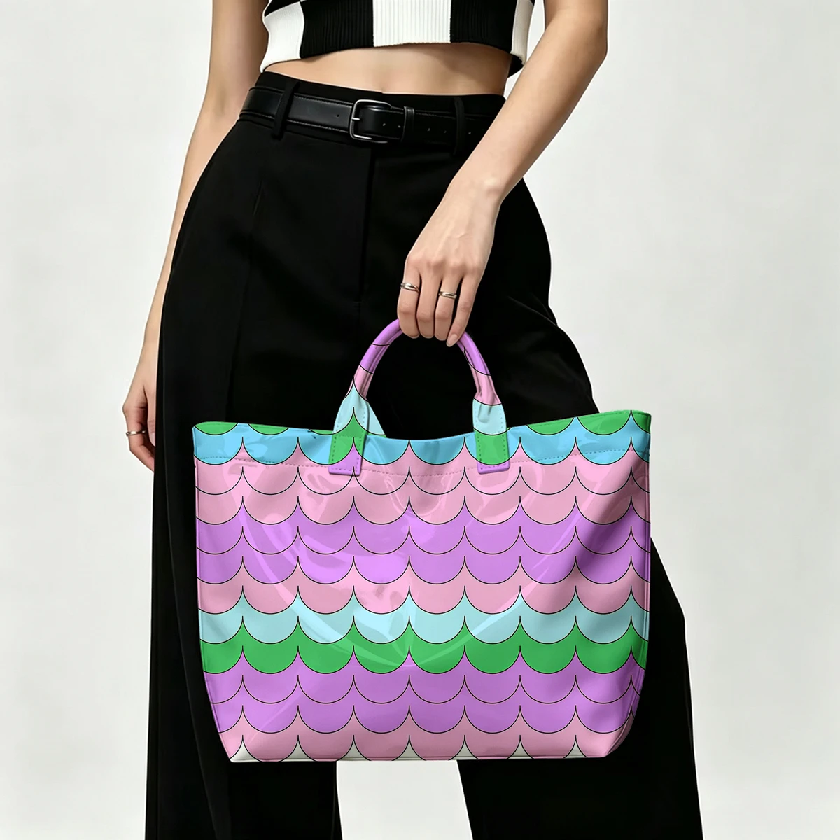 Macaron gradient waves Fashion Bag Transparent PVC Waterproof Handbag Large Capacity Daily Commute Shoulder Tote Mummy Bag