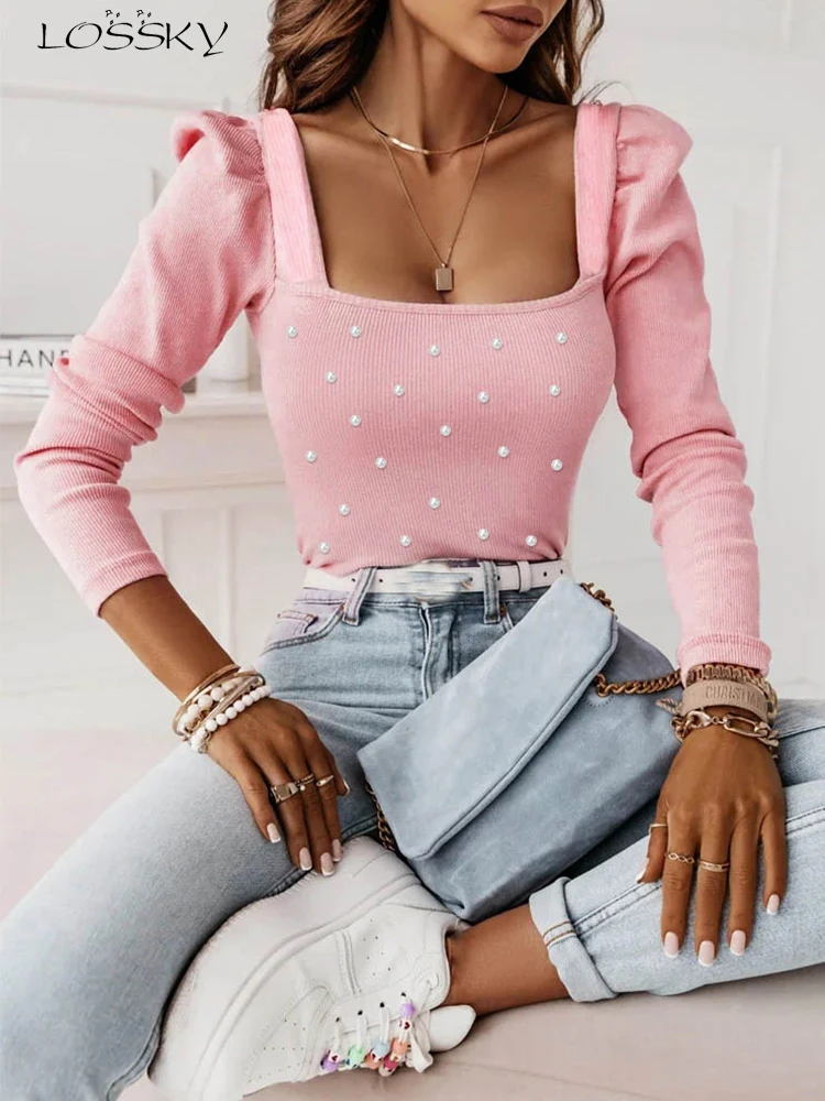 T Shirt For Women Knitted Long Sleeve Tops Pink Pulovers Square Collar Pearl Shirts & Blouses Winter Youthful Woman Clothes 2023