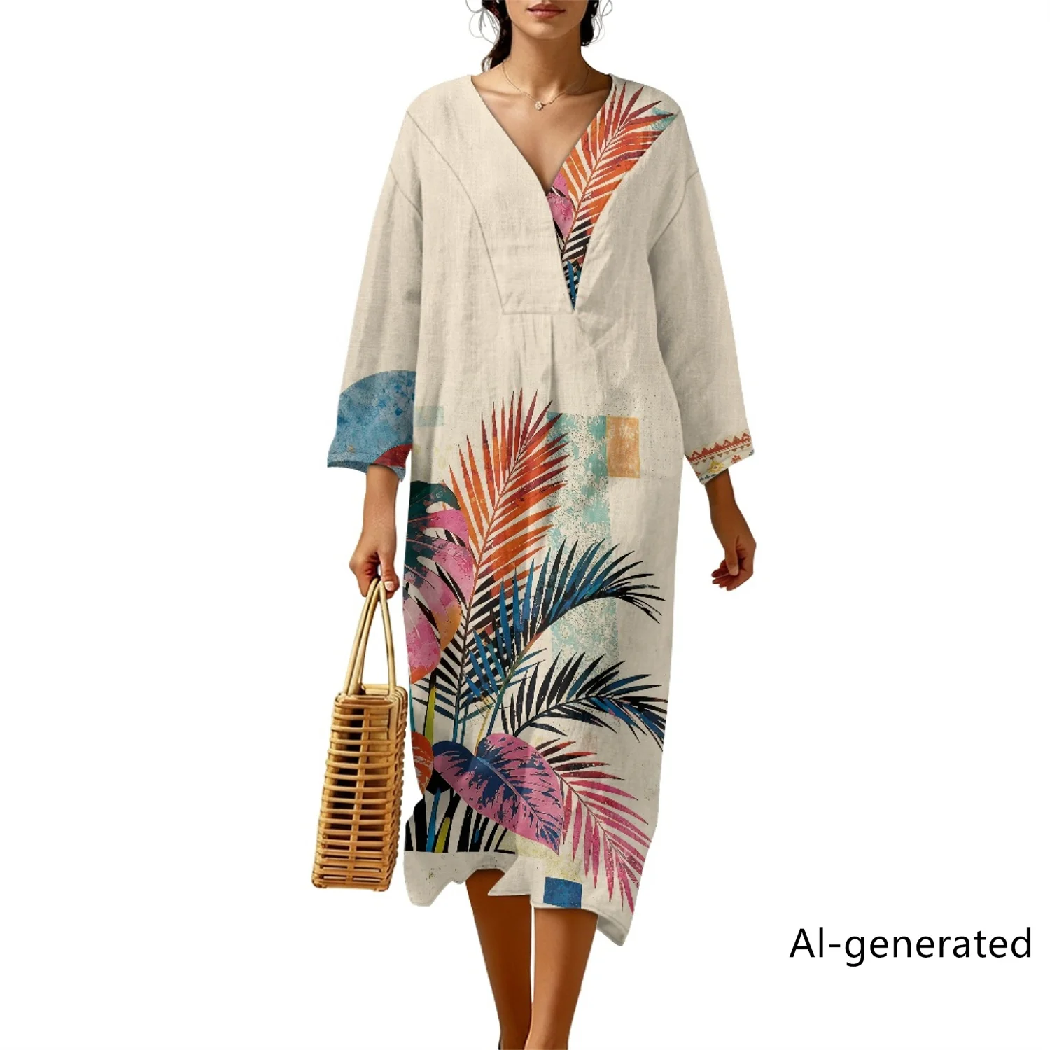 

XIXIRIMIDO 2026 Women's Linen V-Neck Dress Three Quater Sleeve Loose Dress Tropical Floral Prints Ladies Casual Holiday Vestidos
