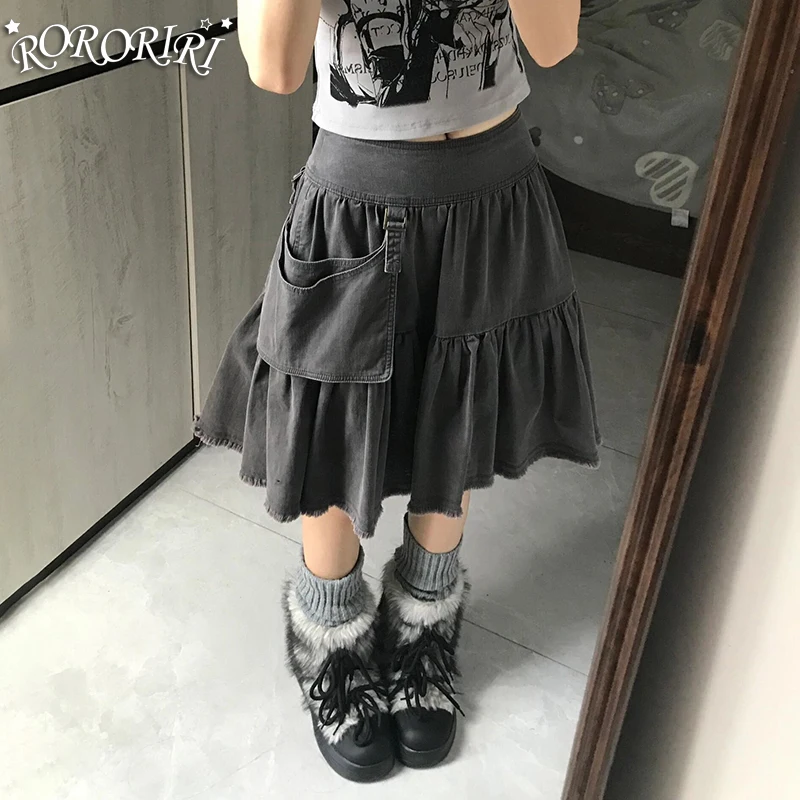 

RORORIRI Detachable Pocket Plain Cargo Jeans Skirt Women Pleated Stitch Raw Edge Low Rise A-line Cake Skirt Grayu Retro Clothes