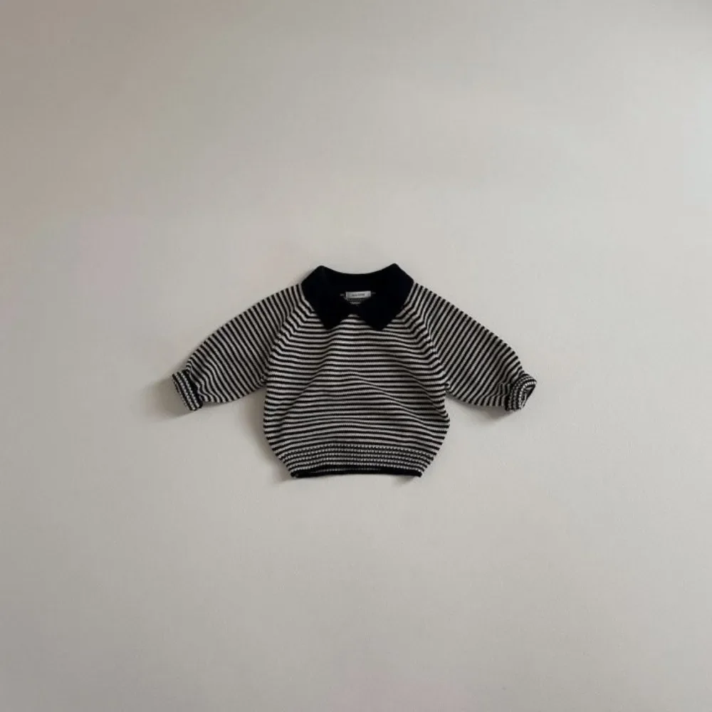 4155 Korean Baby Sweater Autumn 2024 New Lapel Stripe Baby Boy\'s Knitted Sweater 1-7Year Kid\'s Pullover Tops