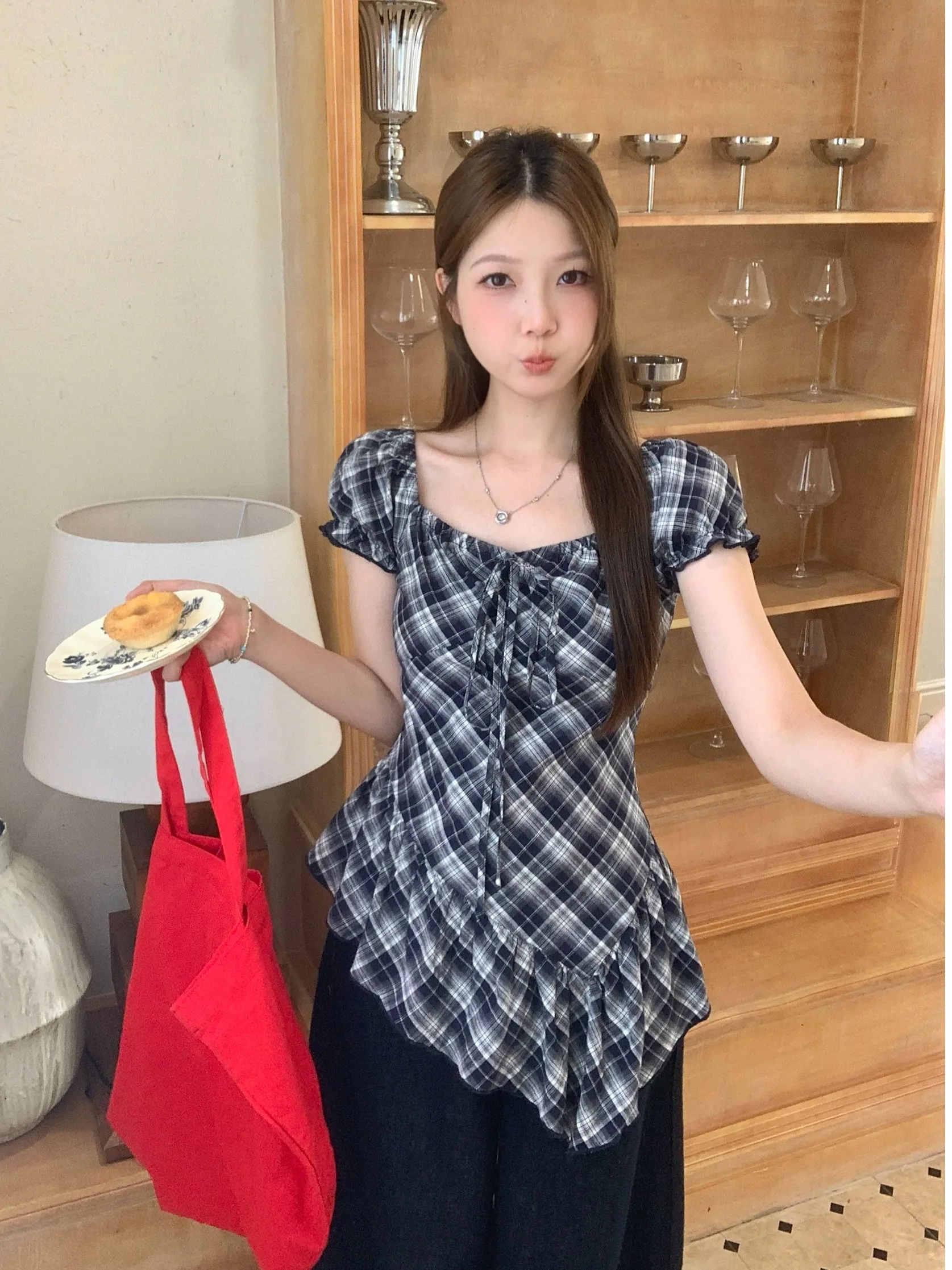 

plus Size Women's Vintage Plaid Shirt Summer New Style Waist Cinched Elegant Bubble Sleeve Blouse Korean Style Commute Fashion