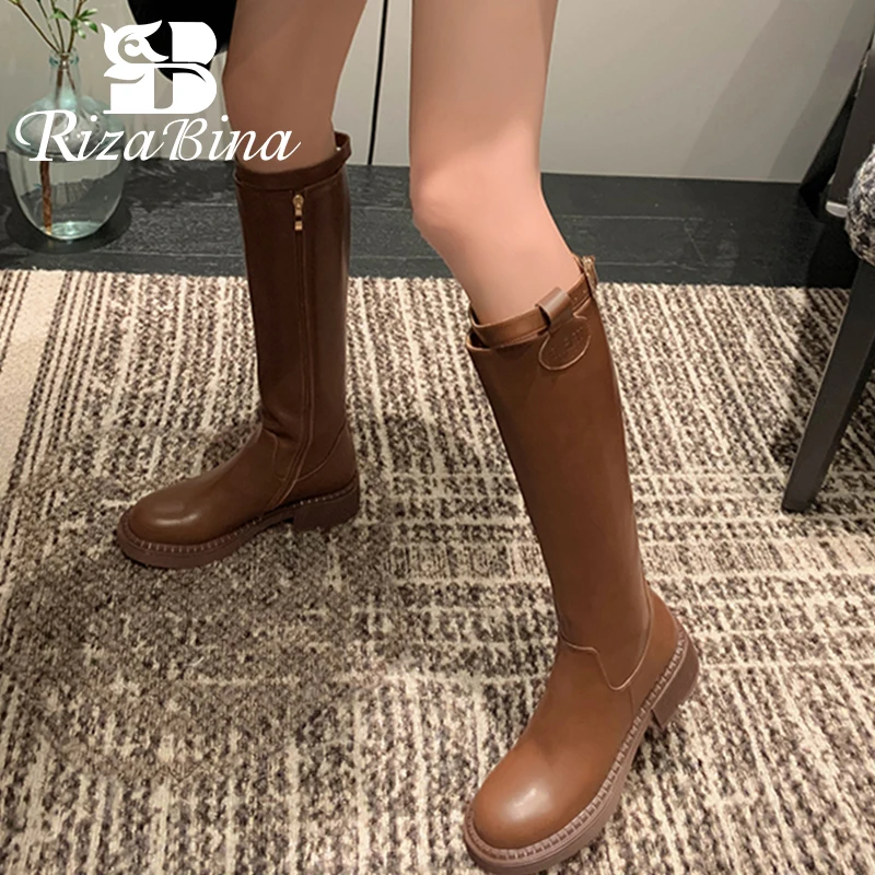 

RIZABINA New 2023 Women Knee High Boots Genuine Leather Belt Woman Shoes Winter Fashion Cool Long Boots Footwear Size 34-38