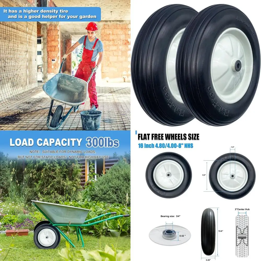 

2-Pack 4.80-8 Inch Latex Tires with 16 Inch Solid Wheels for Wheelbarrows, Garden Carts, and Utility Trolleys