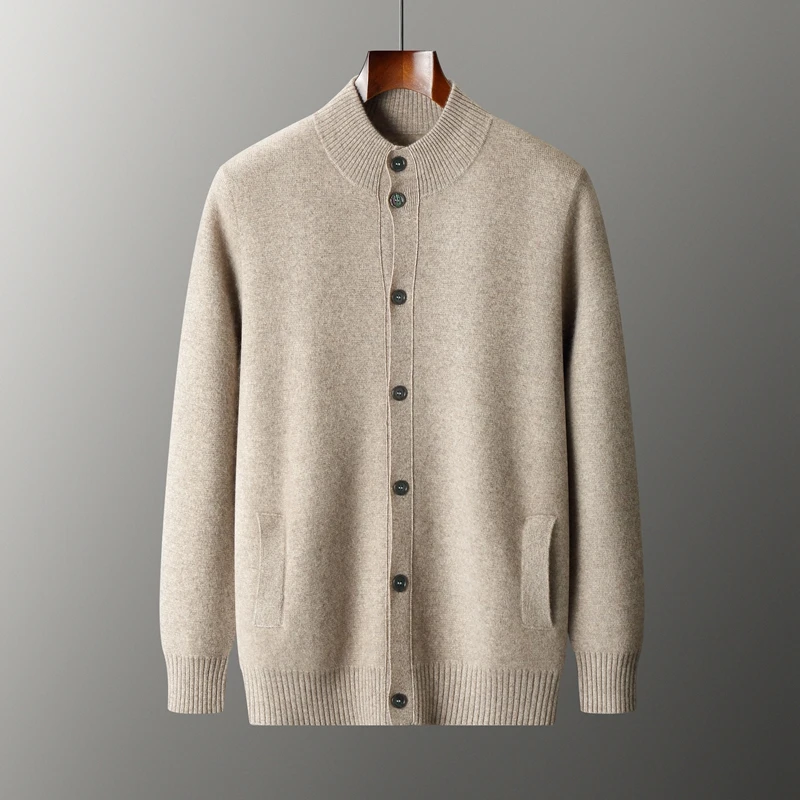 Fall/Winter Half-high Neck 100%Pure Wool Men's Clothing Button Jacket Cardigan Leisure Business Solid Color Knitted Bottom Shirt