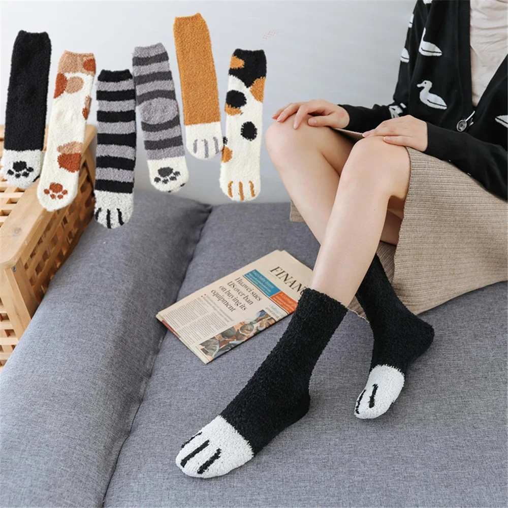 Calcetines de felpa con garras de gato para mujer, calcetines de lana de Coral, gruesos, cálidos, para dormir, para cama, regalo de Navidad, envío directo