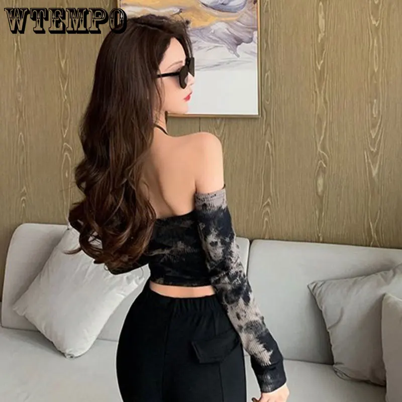 Tie-dye Long-sleeved T-shirt Women Slimming One-word Neck Off Shoulder Halter Short Top Summer Y2K Goth Backless Sexy Crop Tops