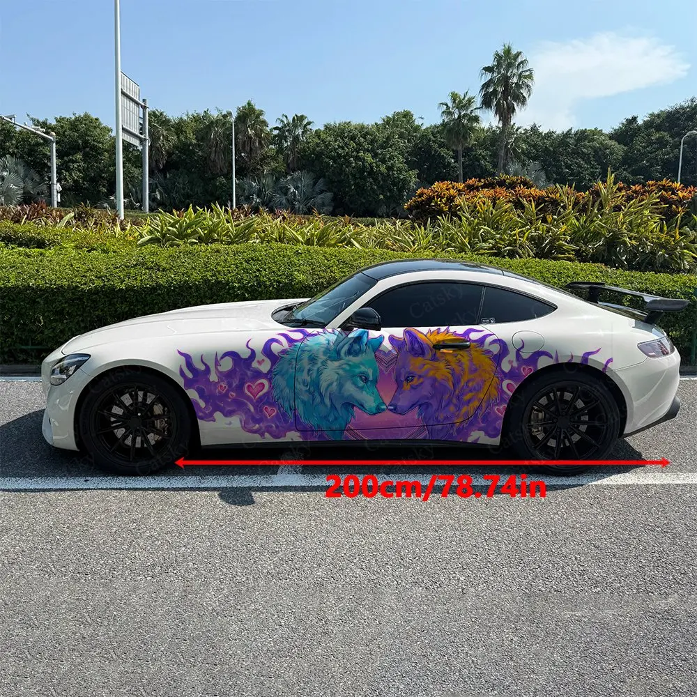 2pcs Twin Wolves Heart Love Flame, Durable, Fade-resistant, Enhance Vehicle Aesthetics With Bold Artistic Design Car Vinyl Wraps