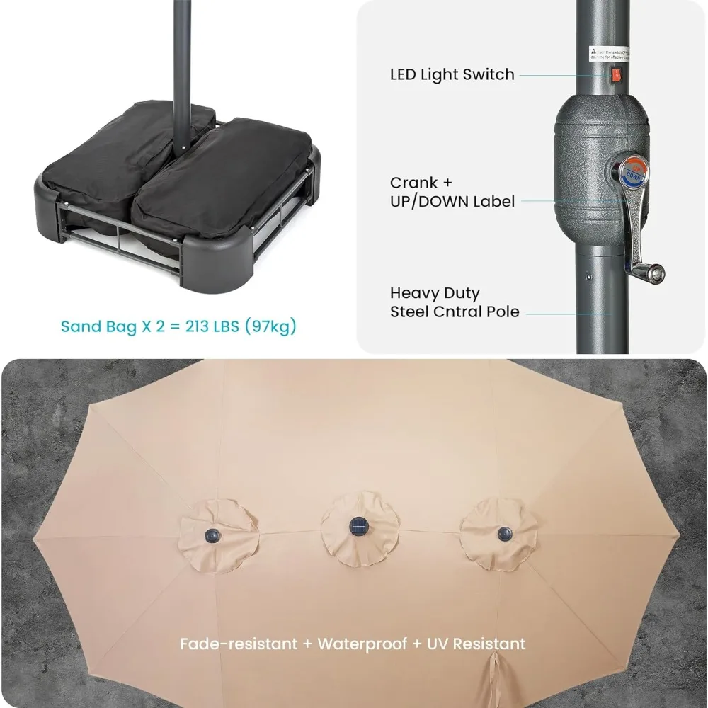 Payung teras kepala ganda dengan dasar, 36 lampu LED, kantung pasir, tahan UV & Waterproo payung teras luar ruangan