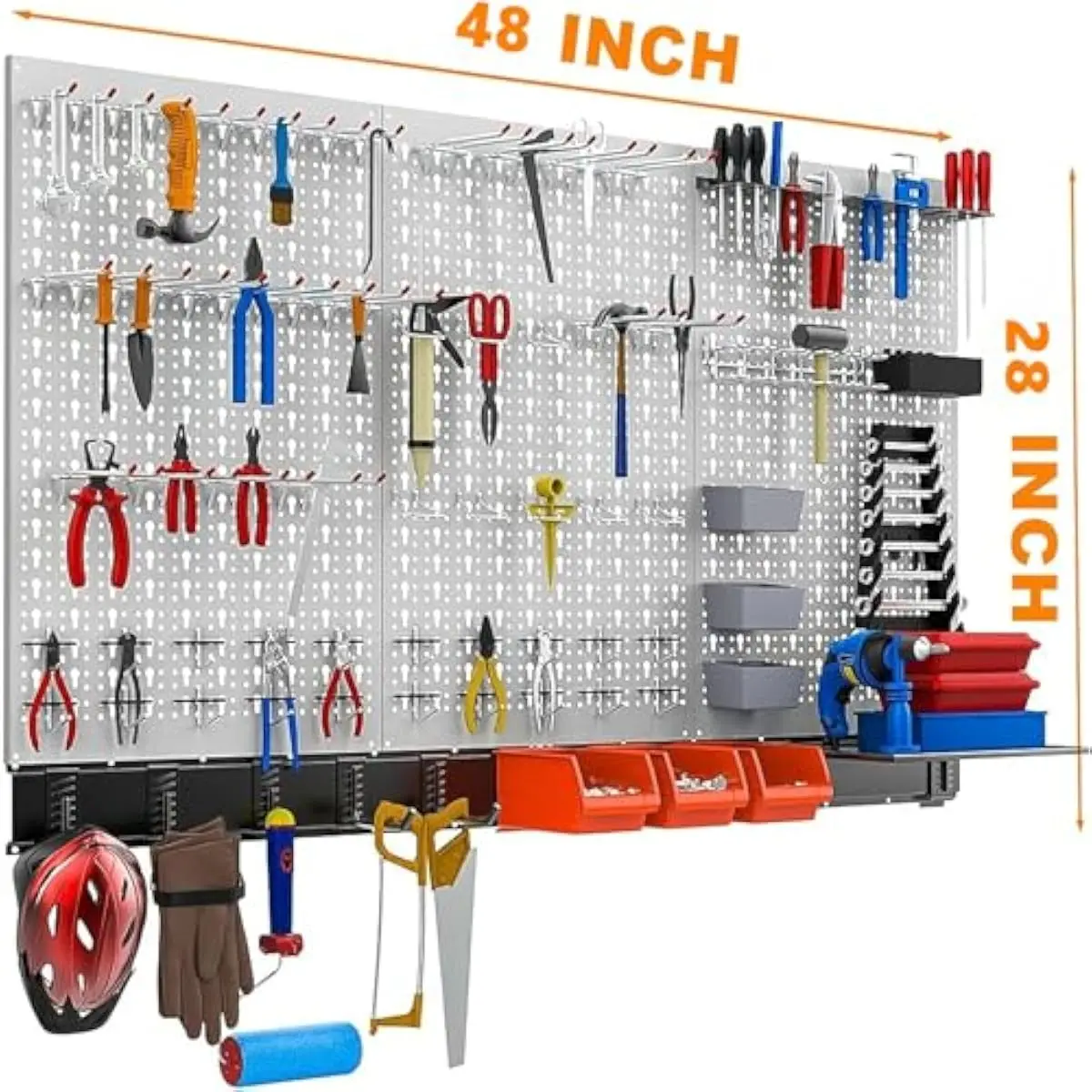 Metal Pegboard Wall Storage System 48 x 28 Inches with Rust-Resistant Powder Coating Includes 5 Heavy-Duty Hooks 3 Bins 1 Shelf