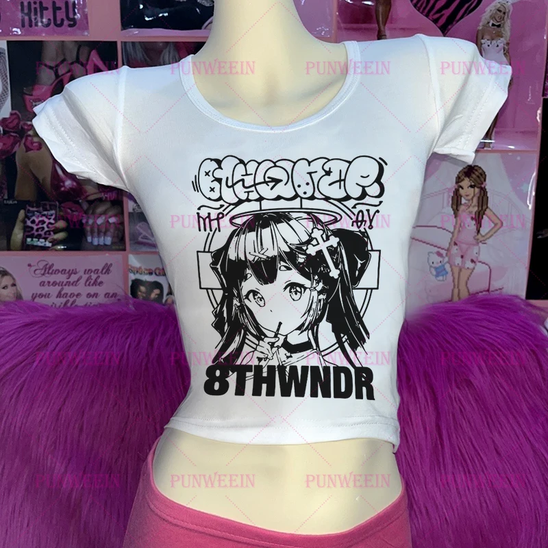 

Japan kawaii cartoon Print Y2k Slim top tee Streetwear Gothic Harajuku Girl Graphic Summer Women Crop Tops Vintage Punk Baby tee