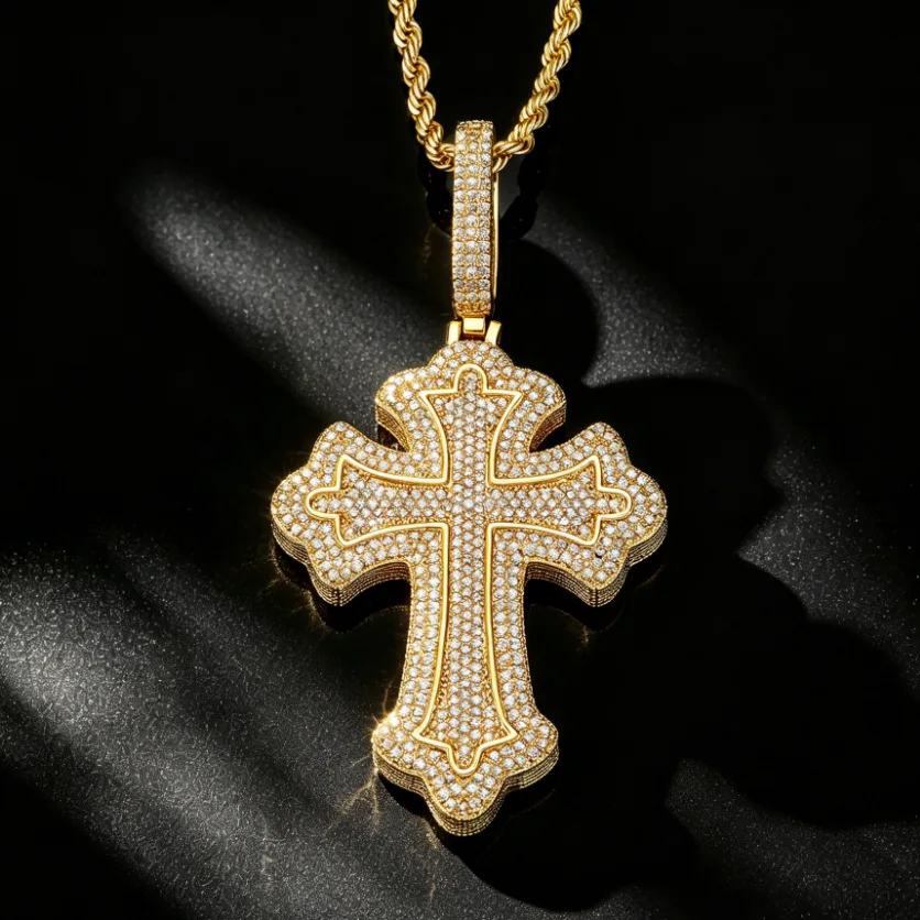 Iced Out Ornate Cross Pendant Necklace Double Layer Outline Pave CZ Vintage Cross Rope Chain Hip‑Hop Men Fashion Jewelry Gift