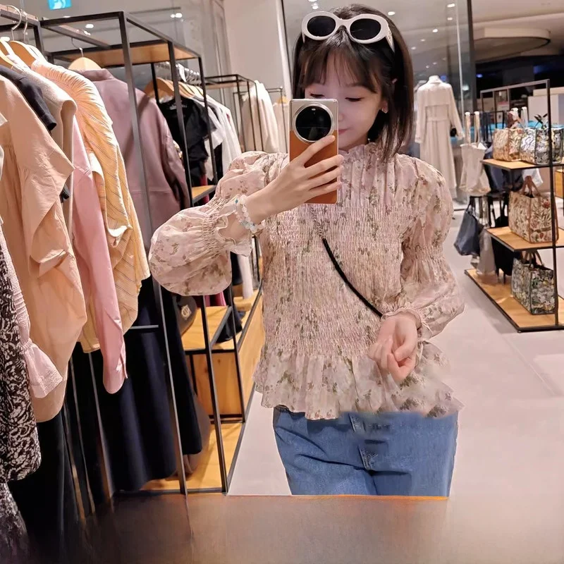 

Элегантная повседневная блузка с цветочным принтом, эластичная, плиссированная, универсальная, в корейском стиле, с длинным рукавом, дышащая, приятная к телу, из смесового хлопка