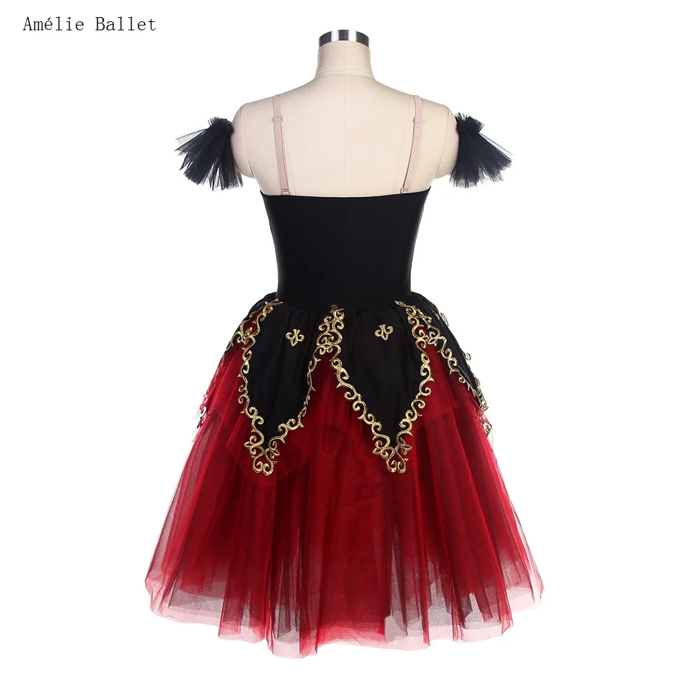 23110 Black Top Bodice with Gold Trims and Red Romantic long Soft Tulle Tutu Skirt Girls Women Ballet Stage Performance Costumes